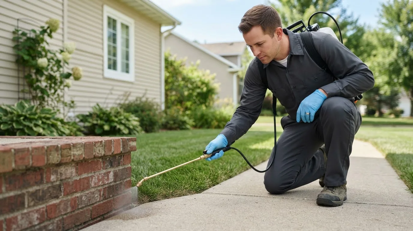 Pest control technician treating a home near Rockham, SD