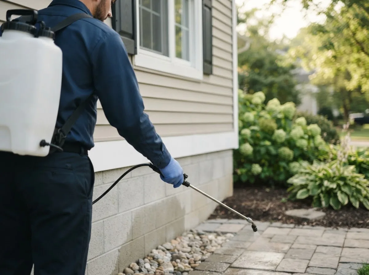 Pest control technician inspecting a home in Rockham, SD